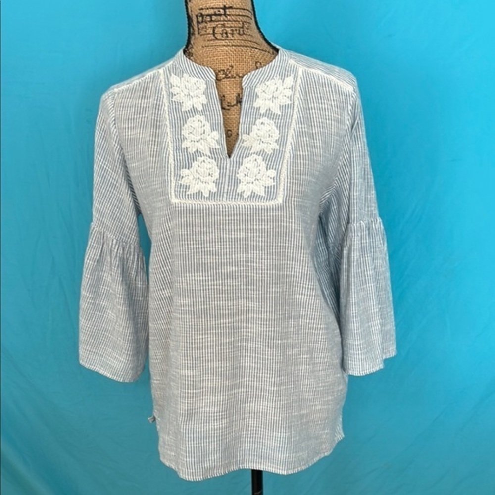 Chaps Blue  and White Relaxed Tunic with Bib Collar